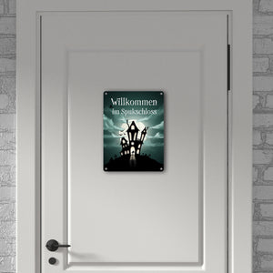 Metallschild gruseliges Halloween Motiv und Spruch - Willkommen im Spukschloss