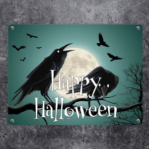 Metallschild mit gruseligem Raben Motiv und Schriftzug - Happy Halloween
