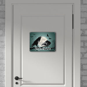 Metallschild mit gruseligem Raben Motiv und Schriftzug - Happy Halloween