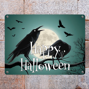 Metallschild mit gruseligem Raben Motiv und Schriftzug - Happy Halloween