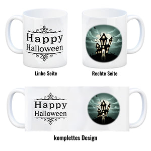 Kaffeetasse mit gruseligem Geisterhaus Motiv und Spruch - Happy Halloween