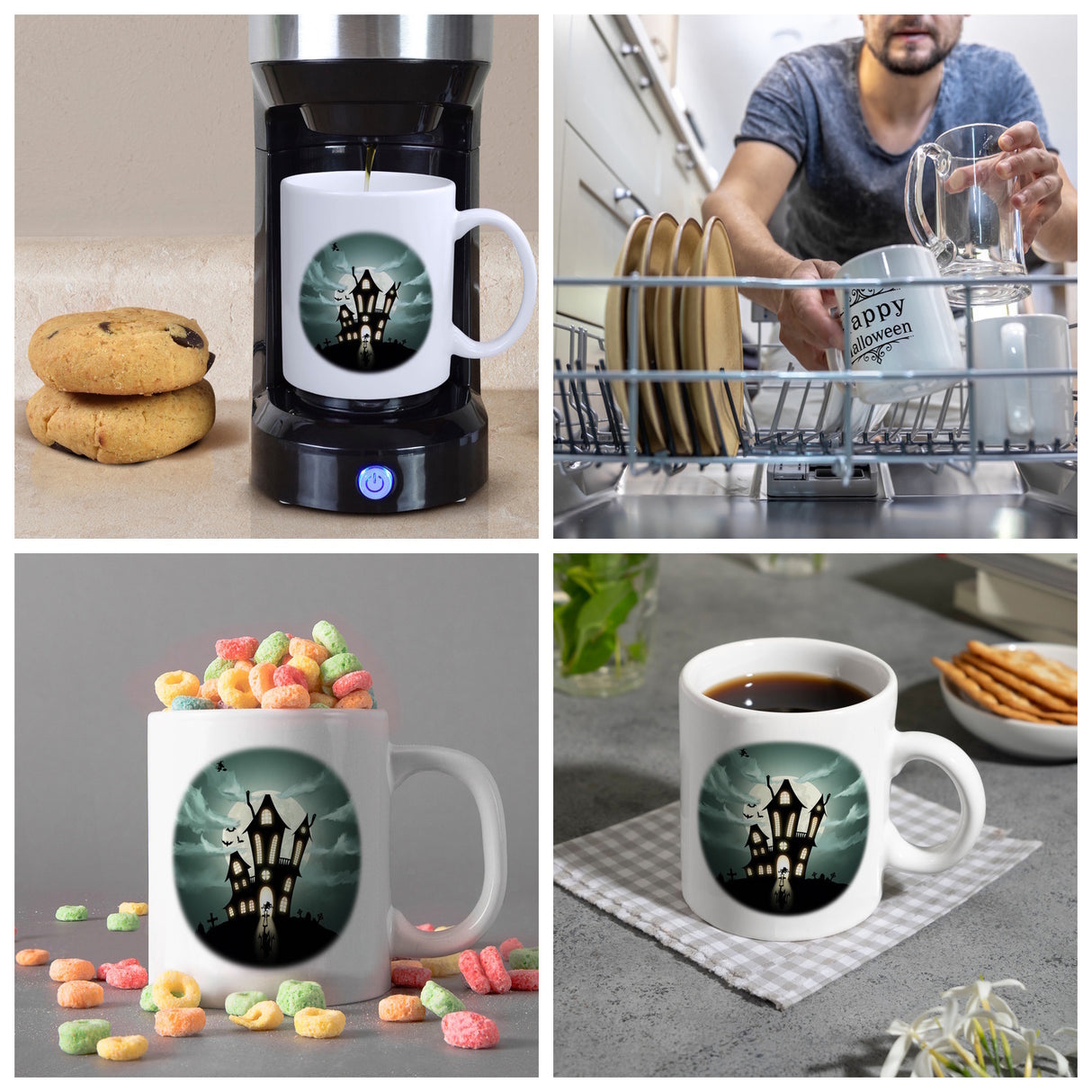 Kaffeetasse mit gruseligem Geisterhaus Motiv und Spruch - Happy Halloween