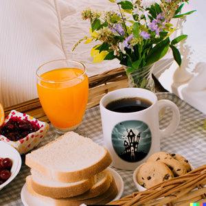 Kaffeetasse mit gruseligem Geisterhaus Motiv und Spruch - Happy Halloween