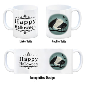 Kaffeetasse mit gruseligem Rabe Motiv und Spruch - Happy Halloween