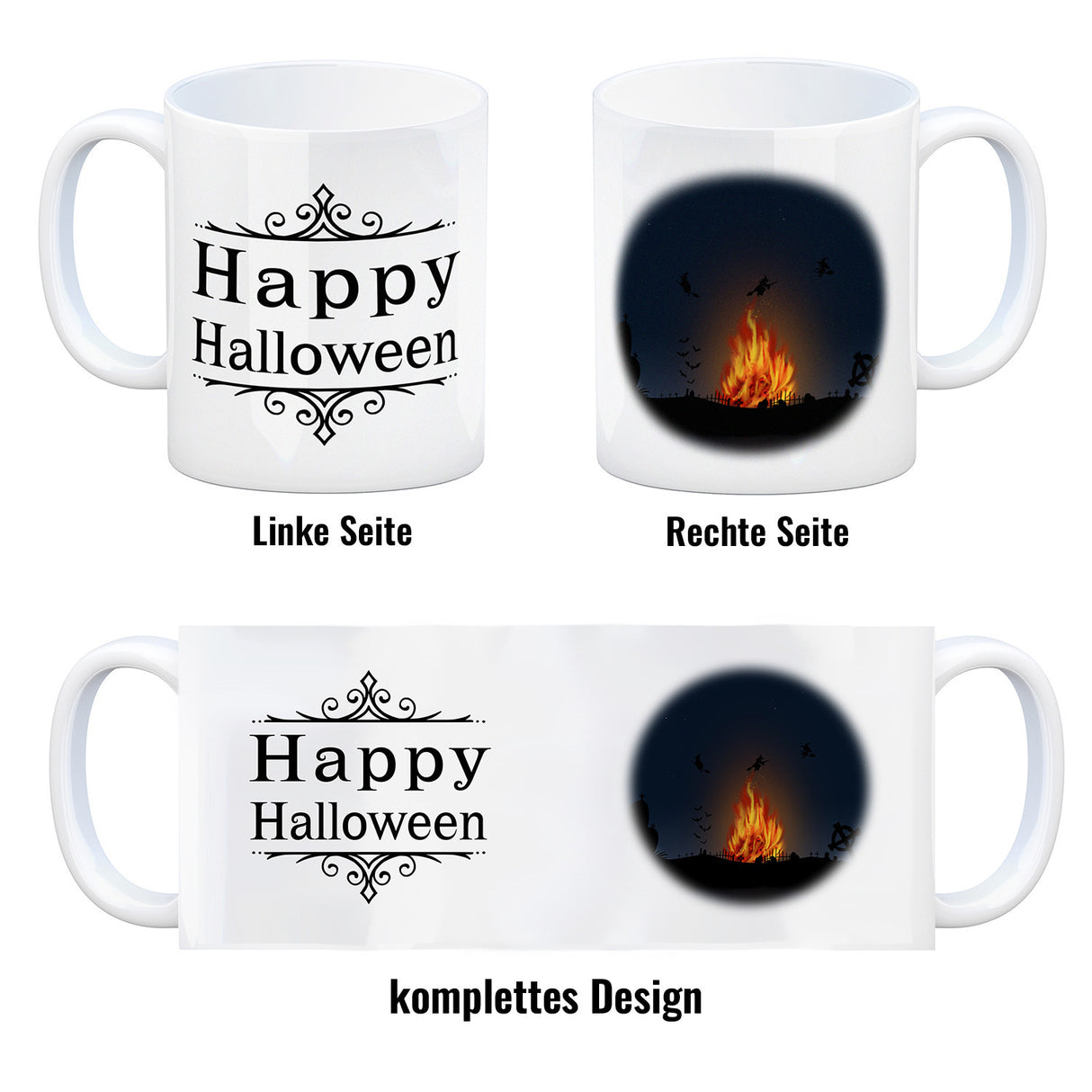 Kaffeetasse mit gruseligem Hexenfeuer Motiv und Spruch - Happy Halloween