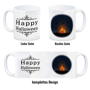 Kaffeetasse mit gruseligem Hexenfeuer Motiv und Spruch - Happy Halloween