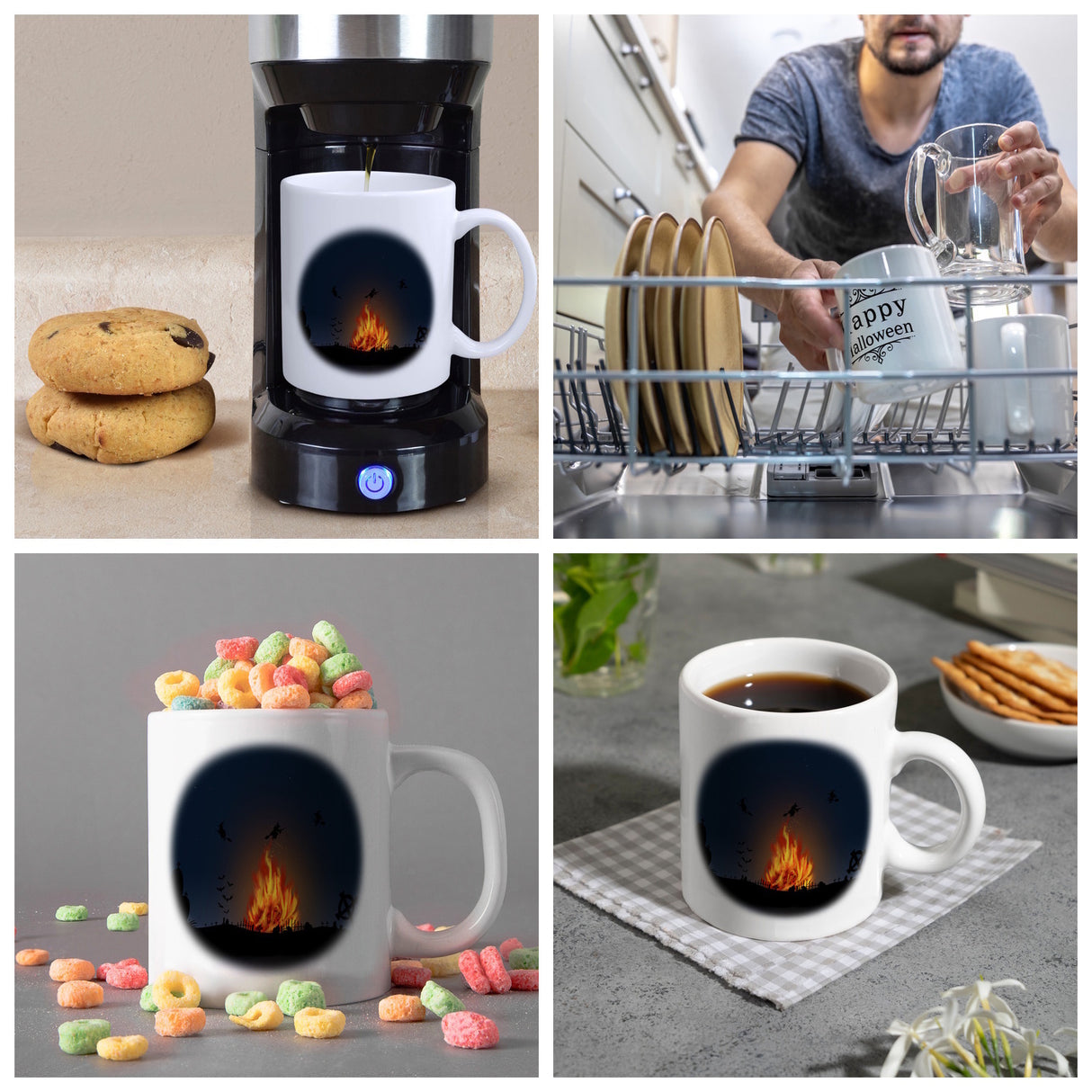Kaffeetasse mit gruseligem Hexenfeuer Motiv und Spruch - Happy Halloween