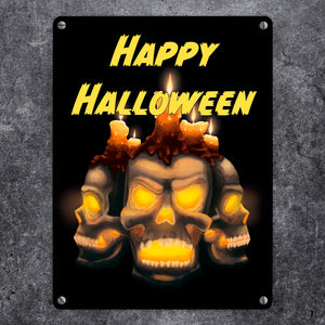 Metallschild für Halloween mit Totenköpfen und Schriftzug - Happy Halloween