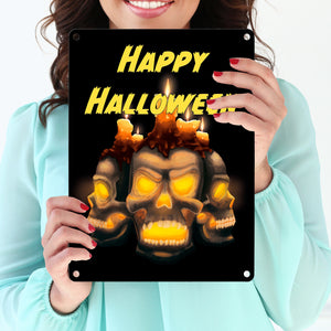 Metallschild für Halloween mit Totenköpfen und Schriftzug - Happy Halloween