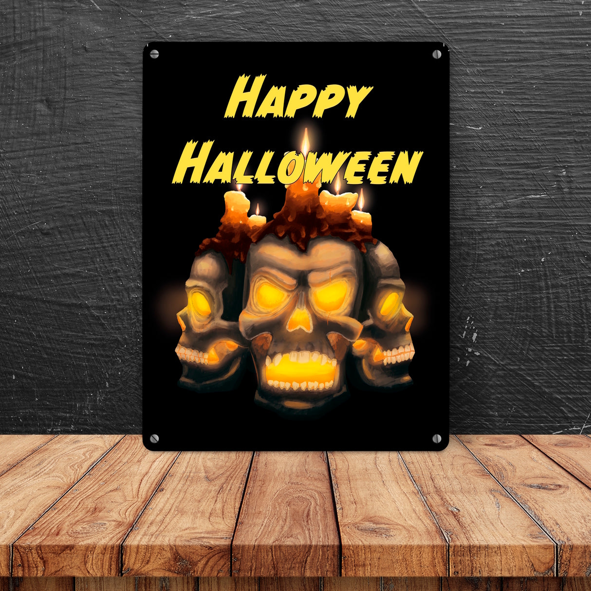 Metallschild für Halloween mit Totenköpfen und Schriftzug - Happy Halloween