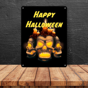 Metallschild für Halloween mit Totenköpfen und Schriftzug - Happy Halloween