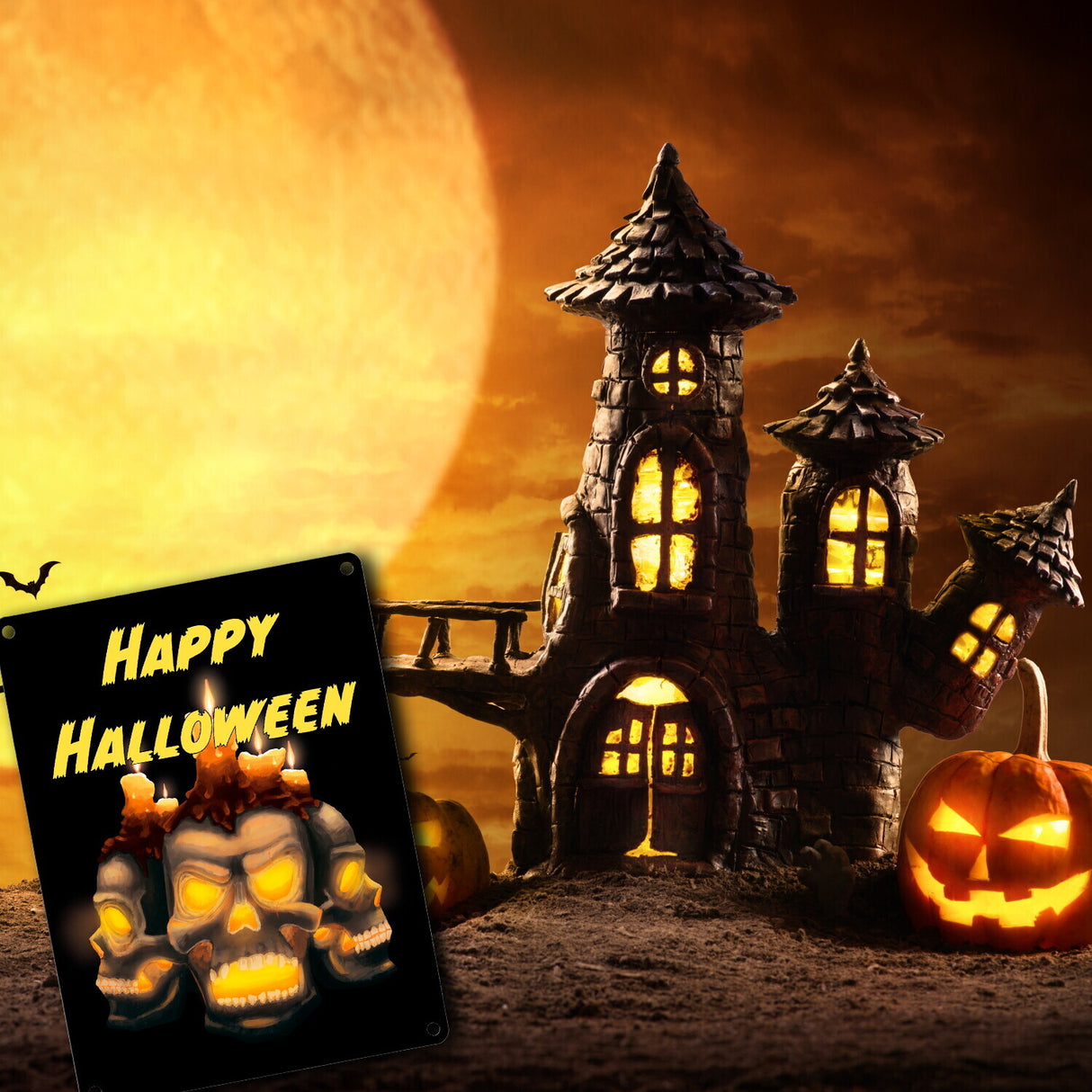 Metallschild für Halloween mit Totenköpfen und Schriftzug - Happy Halloween