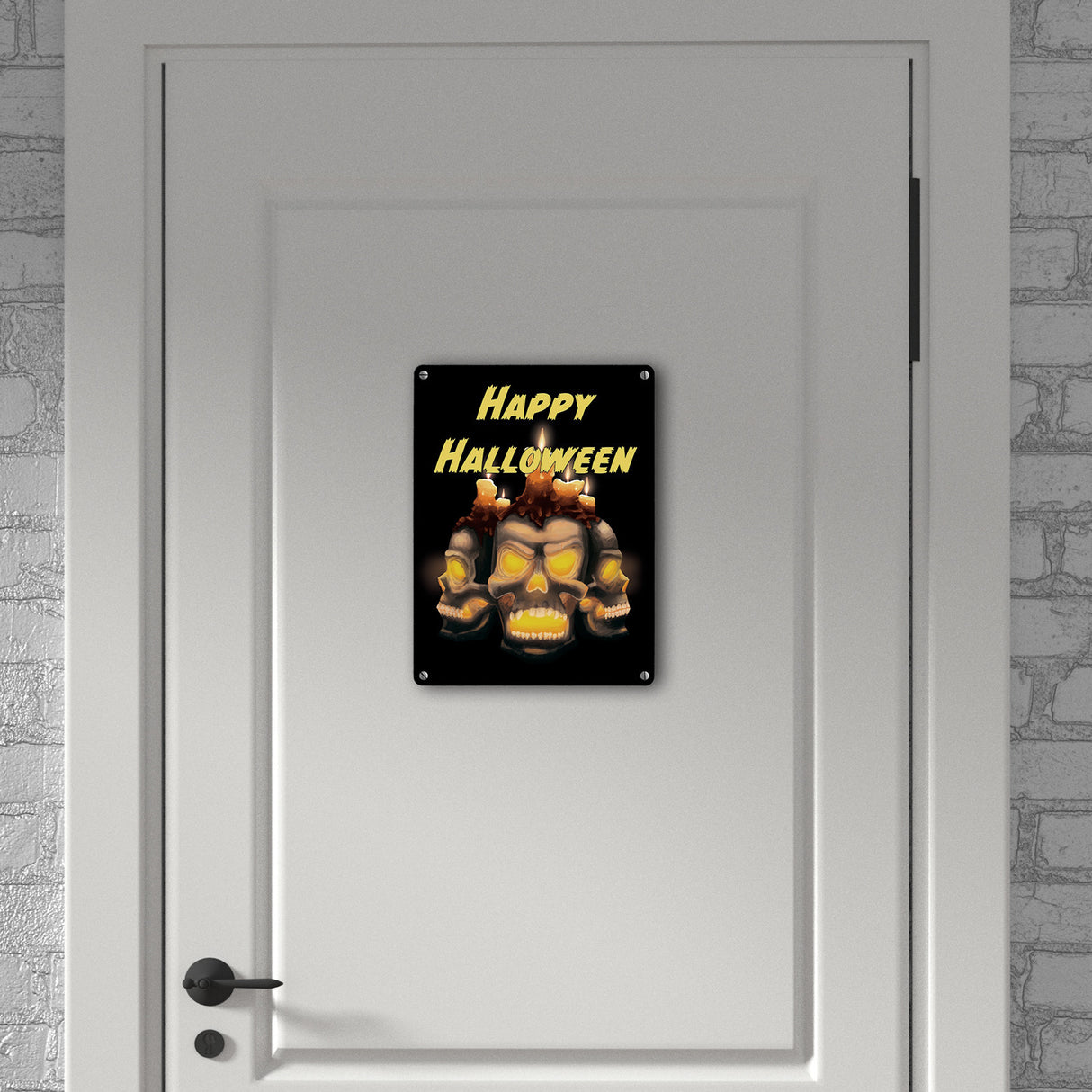 Metallschild für Halloween mit Totenköpfen und Schriftzug - Happy Halloween