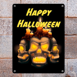 Metallschild für Halloween mit Totenköpfen und Schriftzug - Happy Halloween