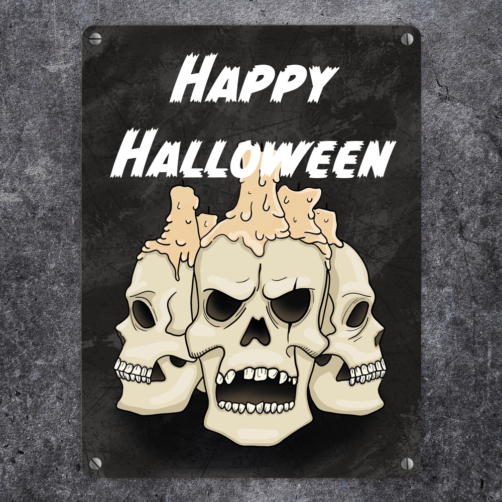Metallschild für Halloween mit Totenköpfen und Schriftzug - Happy Halloween