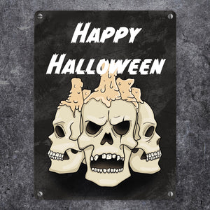 Metallschild für Halloween mit Totenköpfen und Schriftzug - Happy Halloween