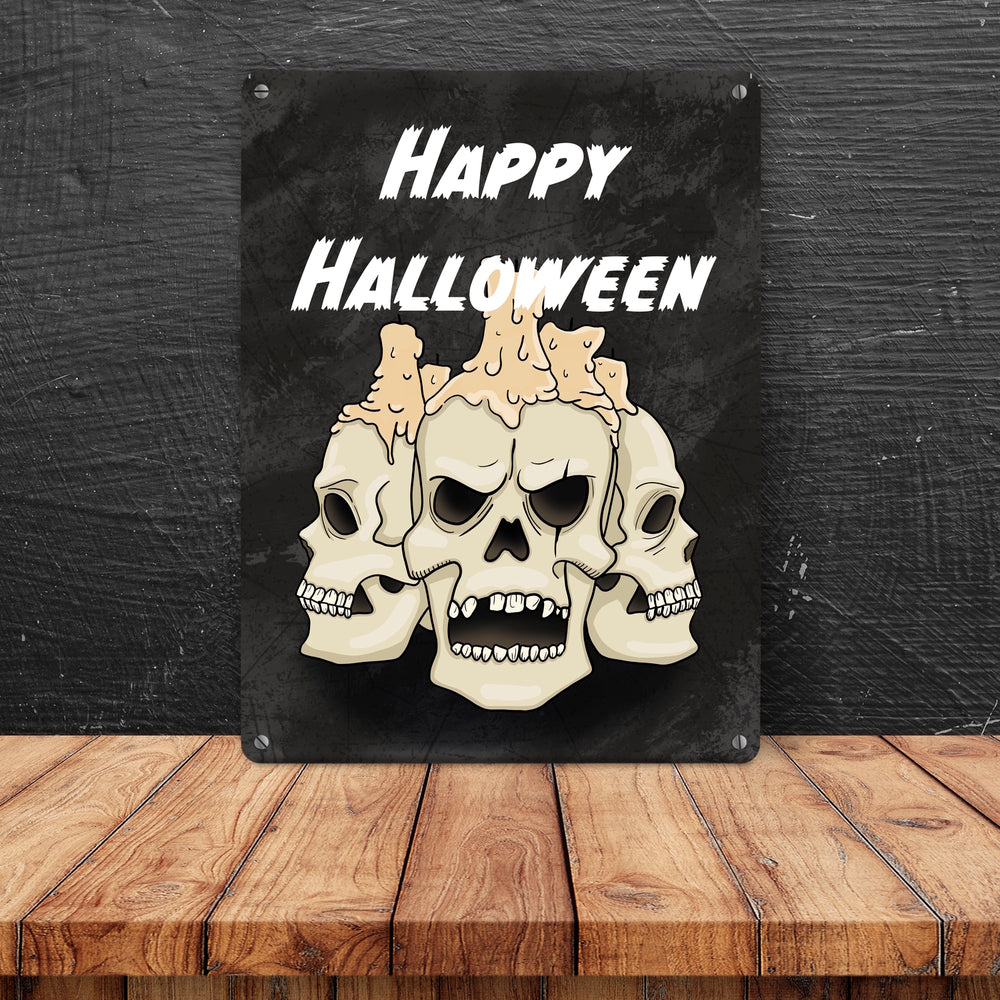 Metallschild für Halloween mit Totenköpfen und Schriftzug - Happy Halloween