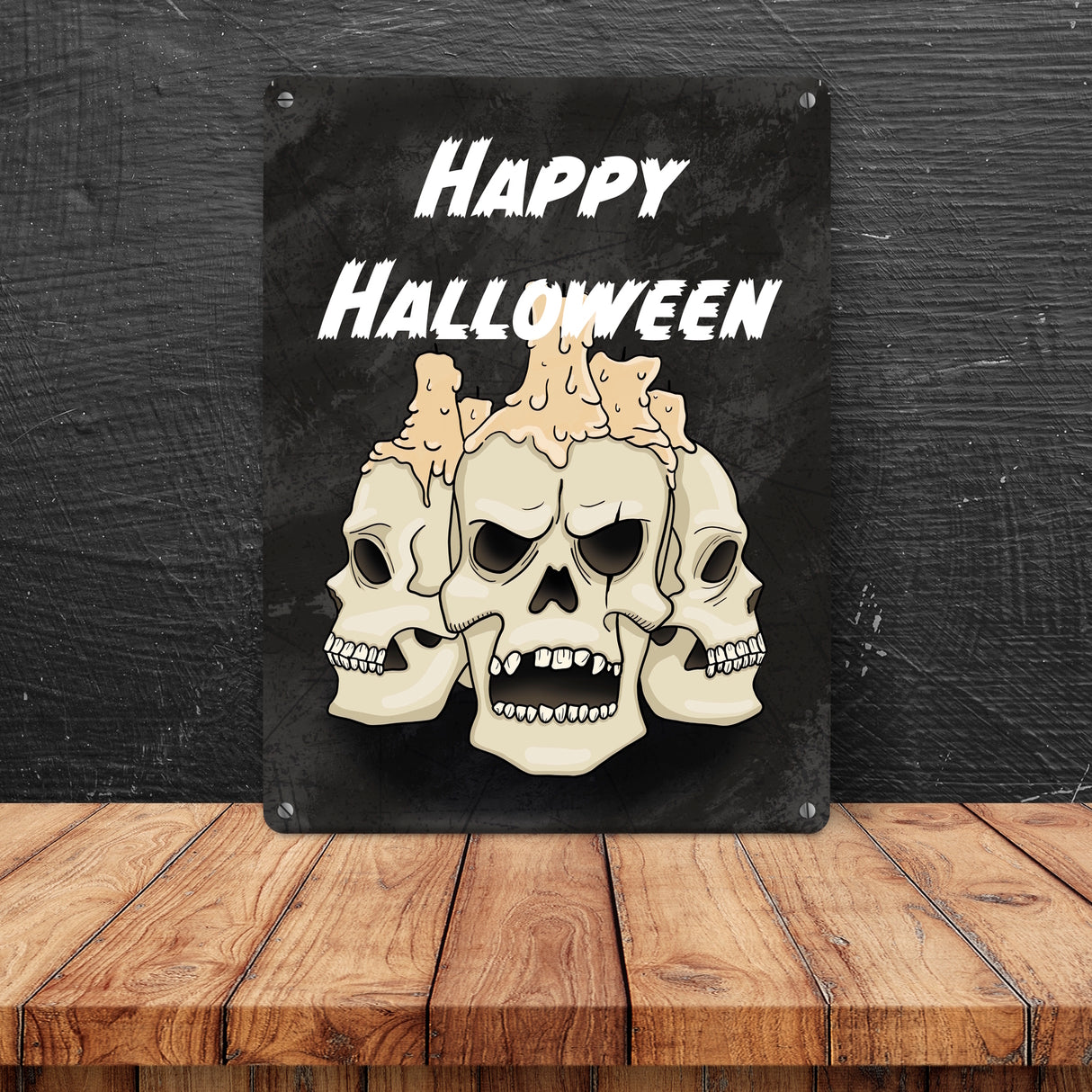Metallschild für Halloween mit Totenköpfen und Schriftzug - Happy Halloween