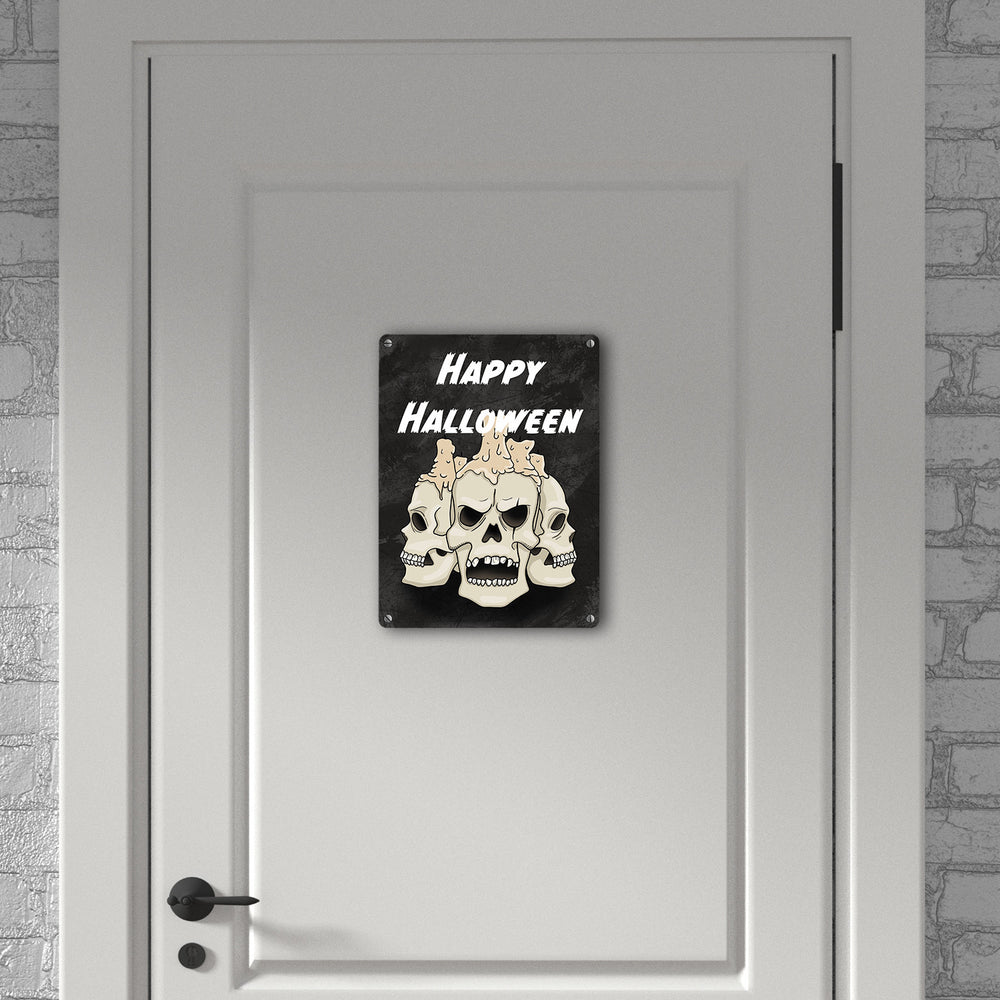 Metallschild für Halloween mit Totenköpfen und Schriftzug - Happy Halloween