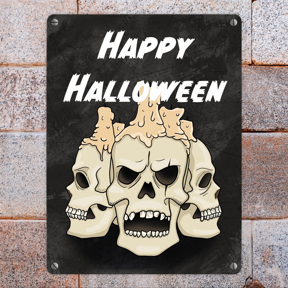 Metallschild für Halloween mit Totenköpfen und Schriftzug - Happy Halloween
