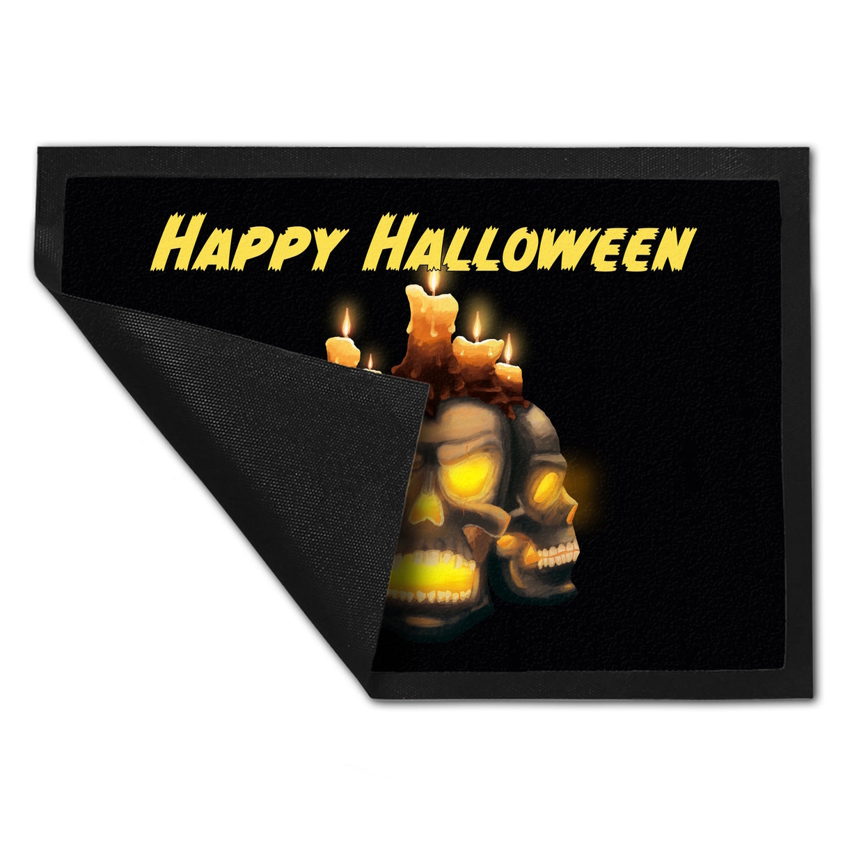 Fußmatte für Halloween mit Totenköpfen und brennenden Kerzen - Happy Halloween