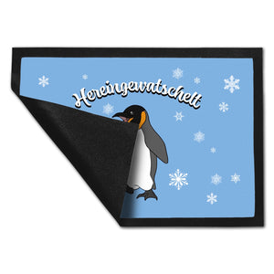Fußmatte mit niedlichem Pinguin-Motiv und Schneeflocken - Hereingewatschelt