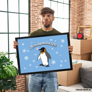 Fußmatte mit niedlichem Pinguin-Motiv und Schneeflocken - Hereingewatschelt