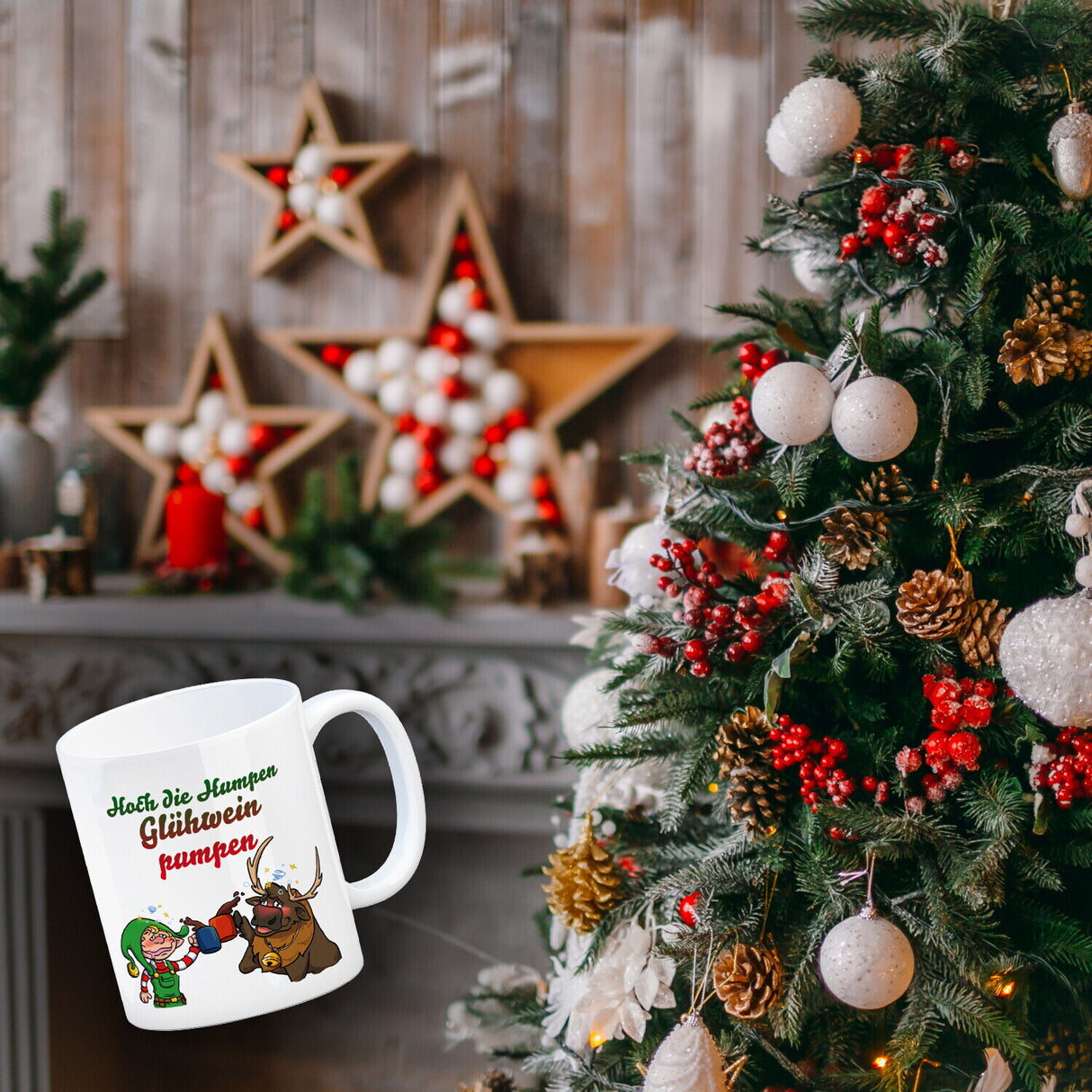 Hoch die Humpen Glühwein pumpen Kaffeebecher mit betrunkenem Rentier & Wichtel