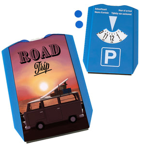 Road Trip und Sonnenuntergang Parkscheibe mit Retro Bus Motiv