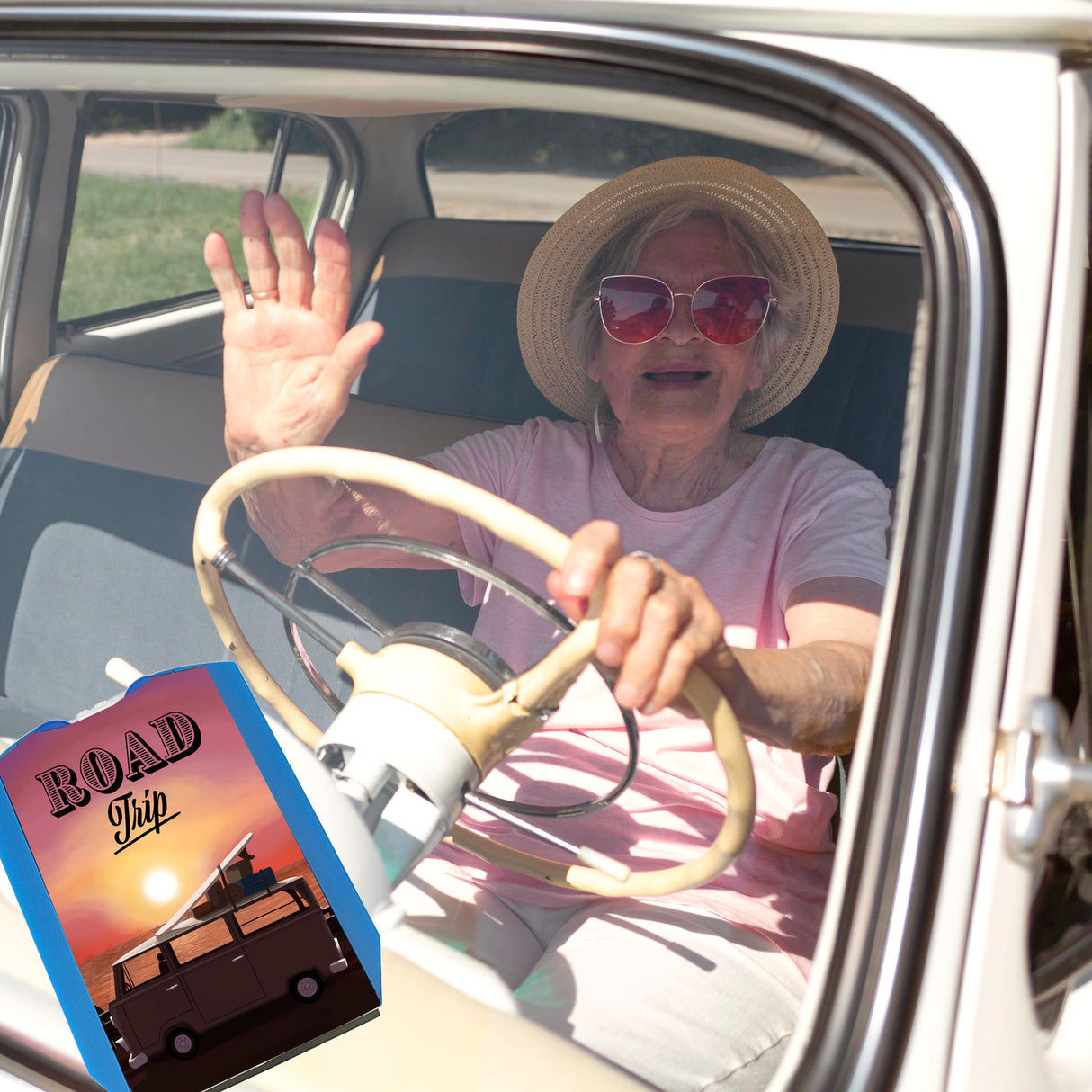 Road Trip und Sonnenuntergang Parkscheibe mit Retro Bus Motiv