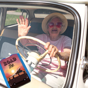 Road Trip und Sonnenuntergang Parkscheibe mit Retro Bus Motiv