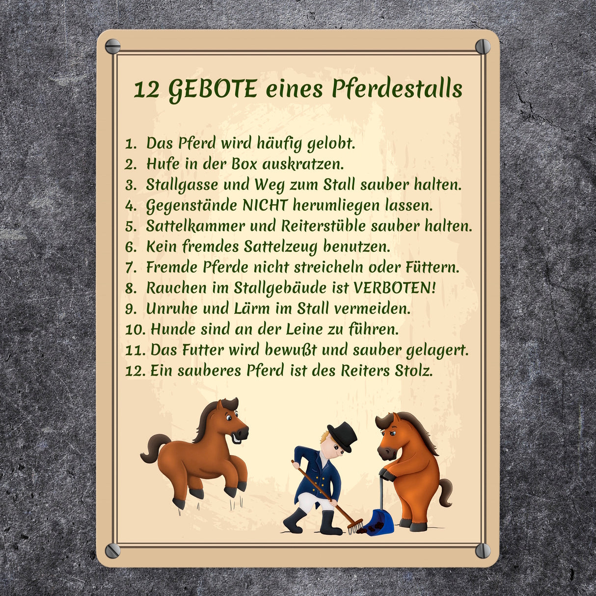 12 Gebote eines Pferdestalls Metallschild in 15x20 cm
