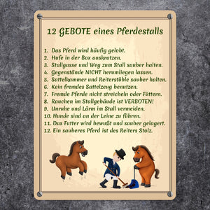 12 Gebote eines Pferdestalls Metallschild in 15x20 cm