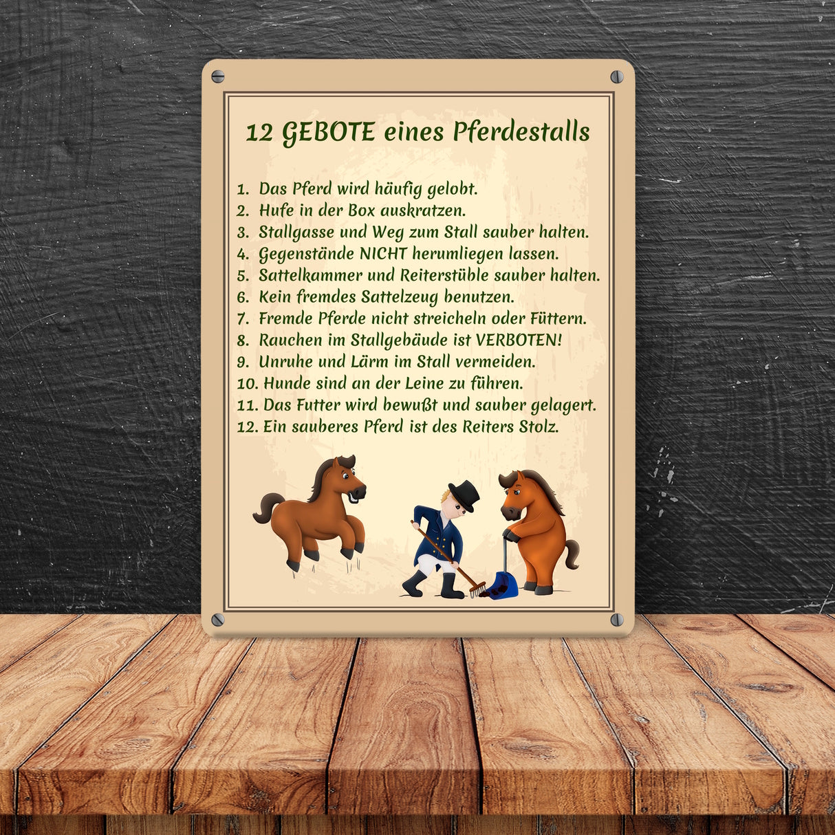 12 Gebote eines Pferdestalls Metallschild in 15x20 cm