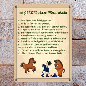 12 Gebote eines Pferdestalls Metallschild in 15x20 cm