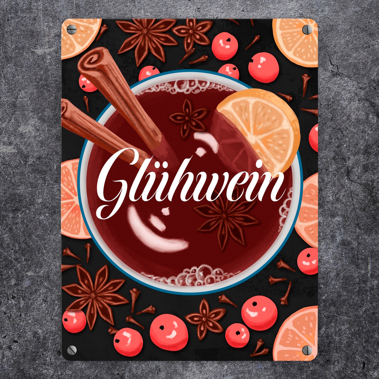 Glühwein mit Zutaten Motiv - dekoratives Metallschild für die Weihnachtszeit