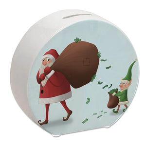 Weihnachtsmann mit einem Sack voll Geld und Weihnachtself Spardose