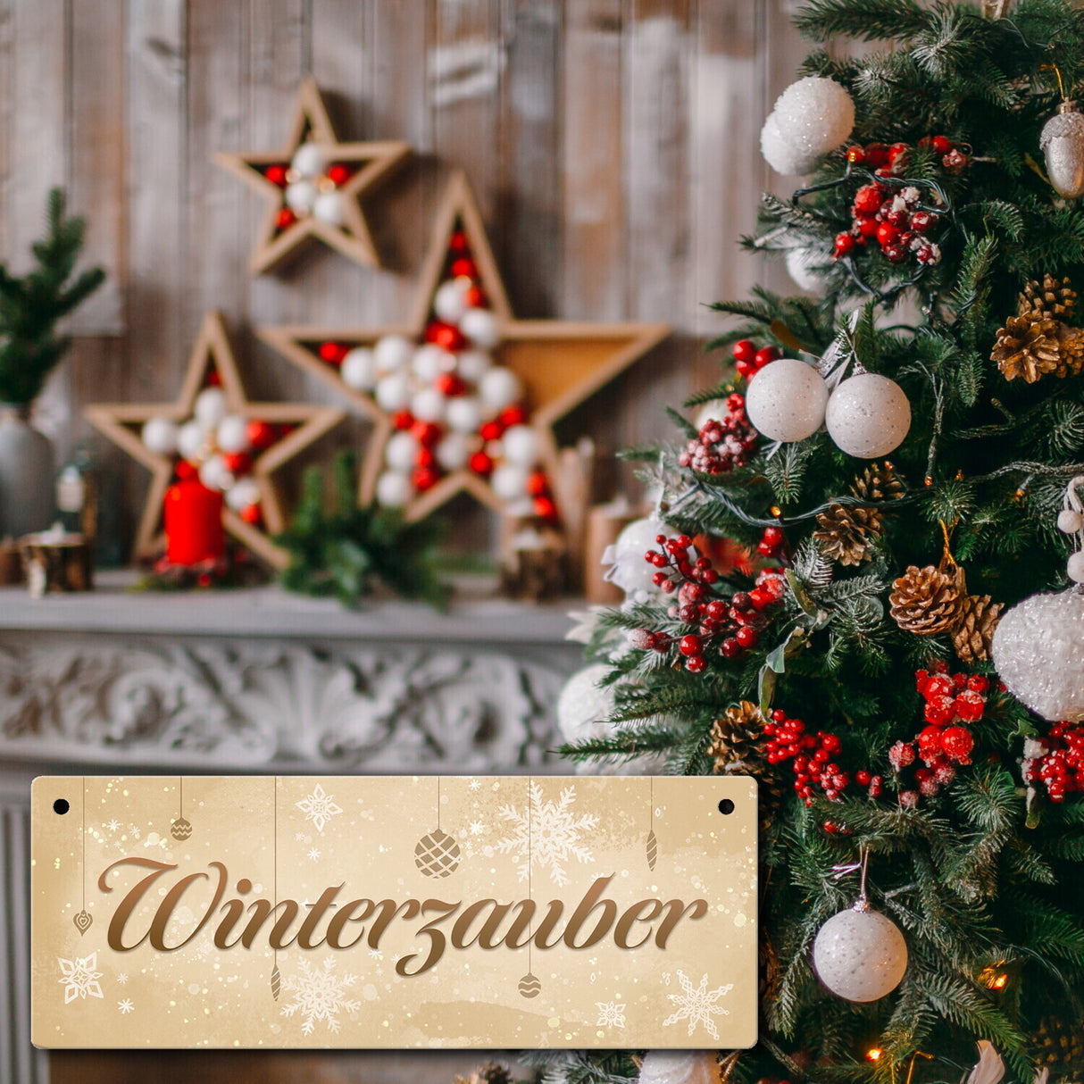 Winterzauber mit schönen Schneeflocken und Christbaumkugeln Metallschild