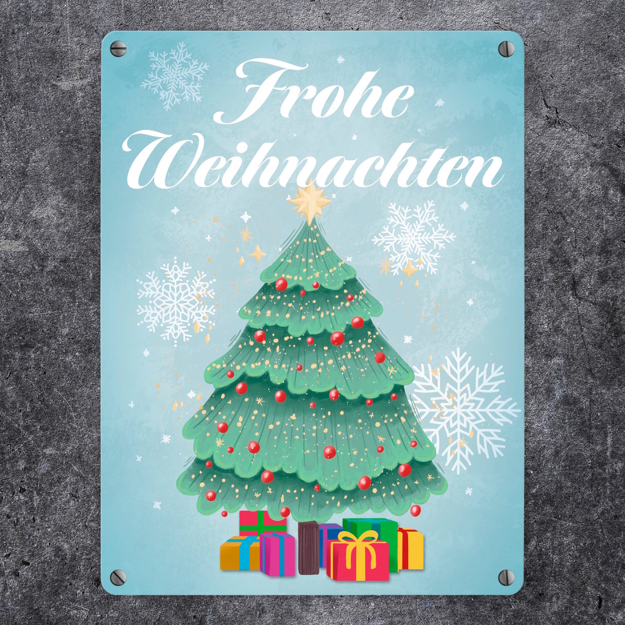 Frohe Weihnachten mit Weihnachtsbaum und Schneeflocken Metallschild