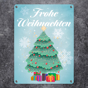 Frohe Weihnachten mit Weihnachtsbaum und Schneeflocken Metallschild
