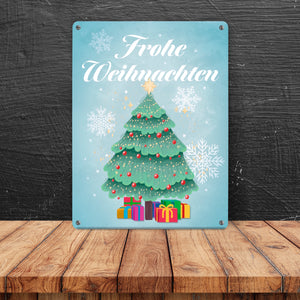 Frohe Weihnachten mit Weihnachtsbaum und Schneeflocken Metallschild