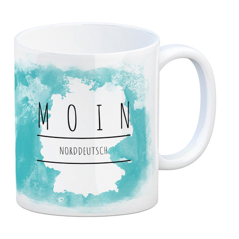 Hallo auf Norddeutsch Moin lustiger Kaffeebecher mit blauem Hintergrund
