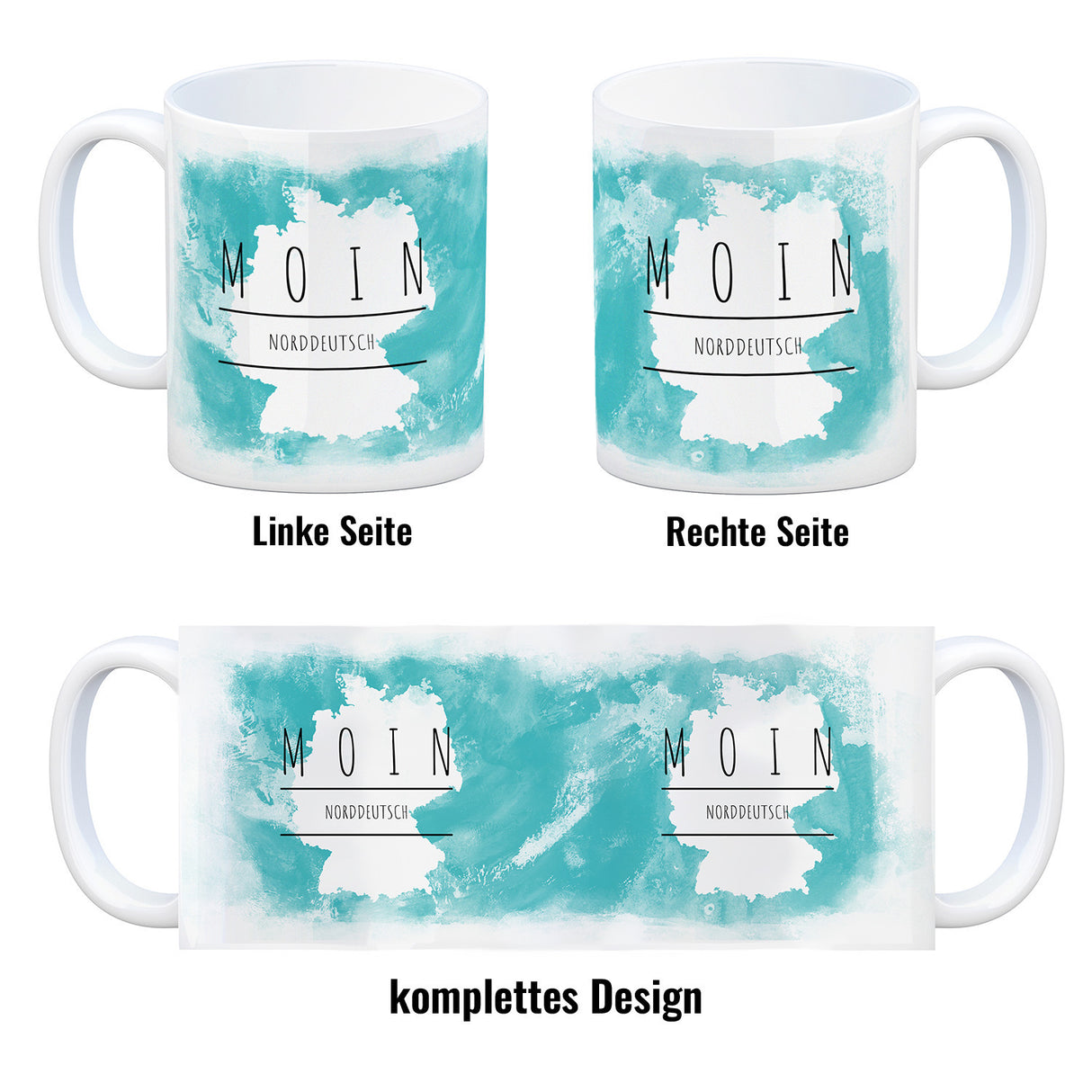 Hallo auf Norddeutsch Moin lustiger Kaffeebecher mit blauem Hintergrund