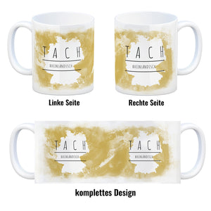 Hallo auf Rheinländisch Tach lustiger Kaffeebecher mit gelbem Hintergrund