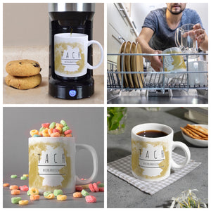 Hallo auf Rheinländisch Tach lustiger Kaffeebecher mit gelbem Hintergrund