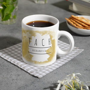 Hallo auf Rheinländisch Tach lustiger Kaffeebecher mit gelbem Hintergrund