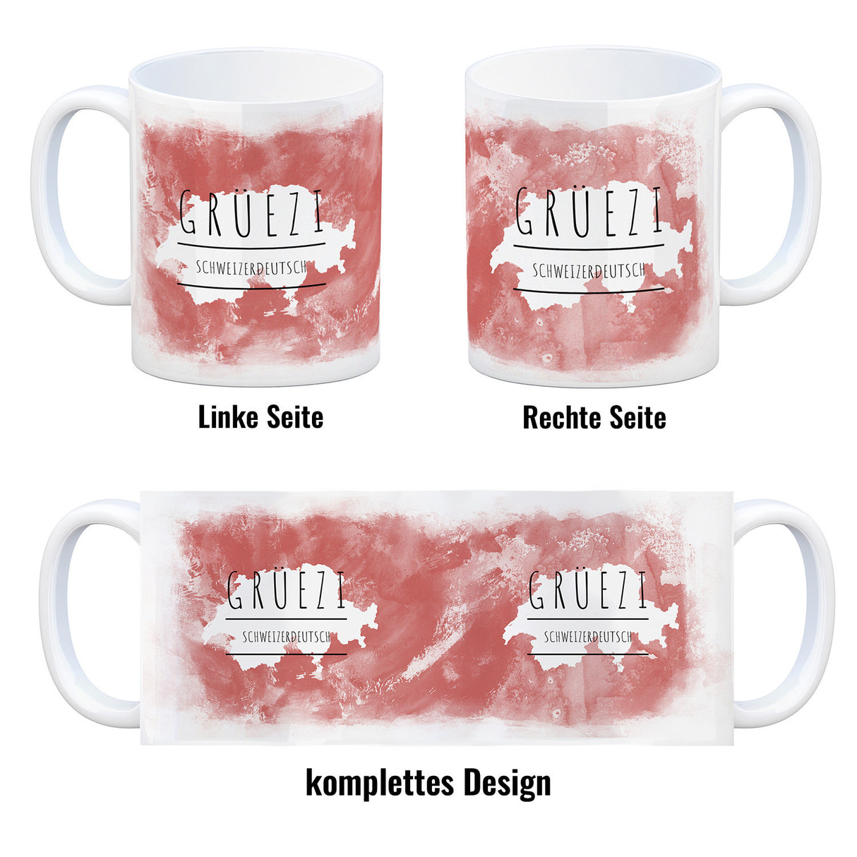 Hallo auf Schweizerdeutsch Grüezi lustiger Kaffeebecher mit rotem Hintergrund