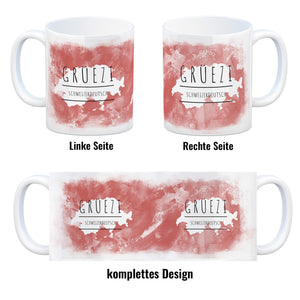Hallo auf Schweizerdeutsch Grüezi lustiger Kaffeebecher mit rotem Hintergrund
