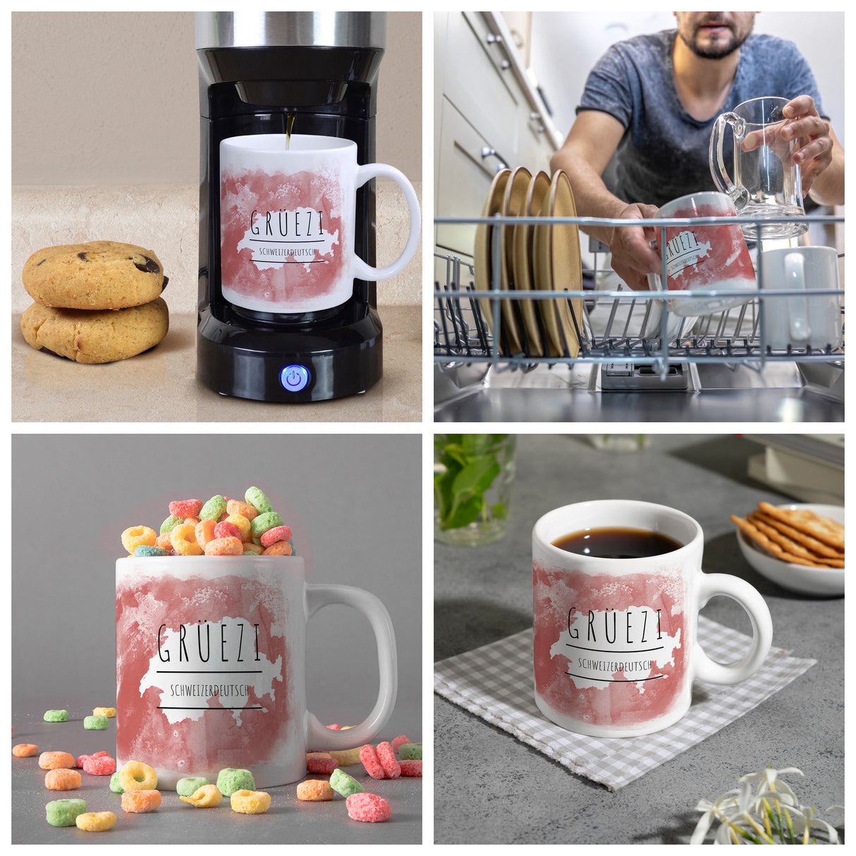 Hallo auf Schweizerdeutsch Grüezi lustiger Kaffeebecher mit rotem Hintergrund