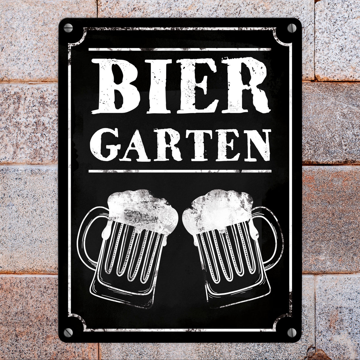 Biergarten Metallschild mit zwei Bierkrügen im Used-Look